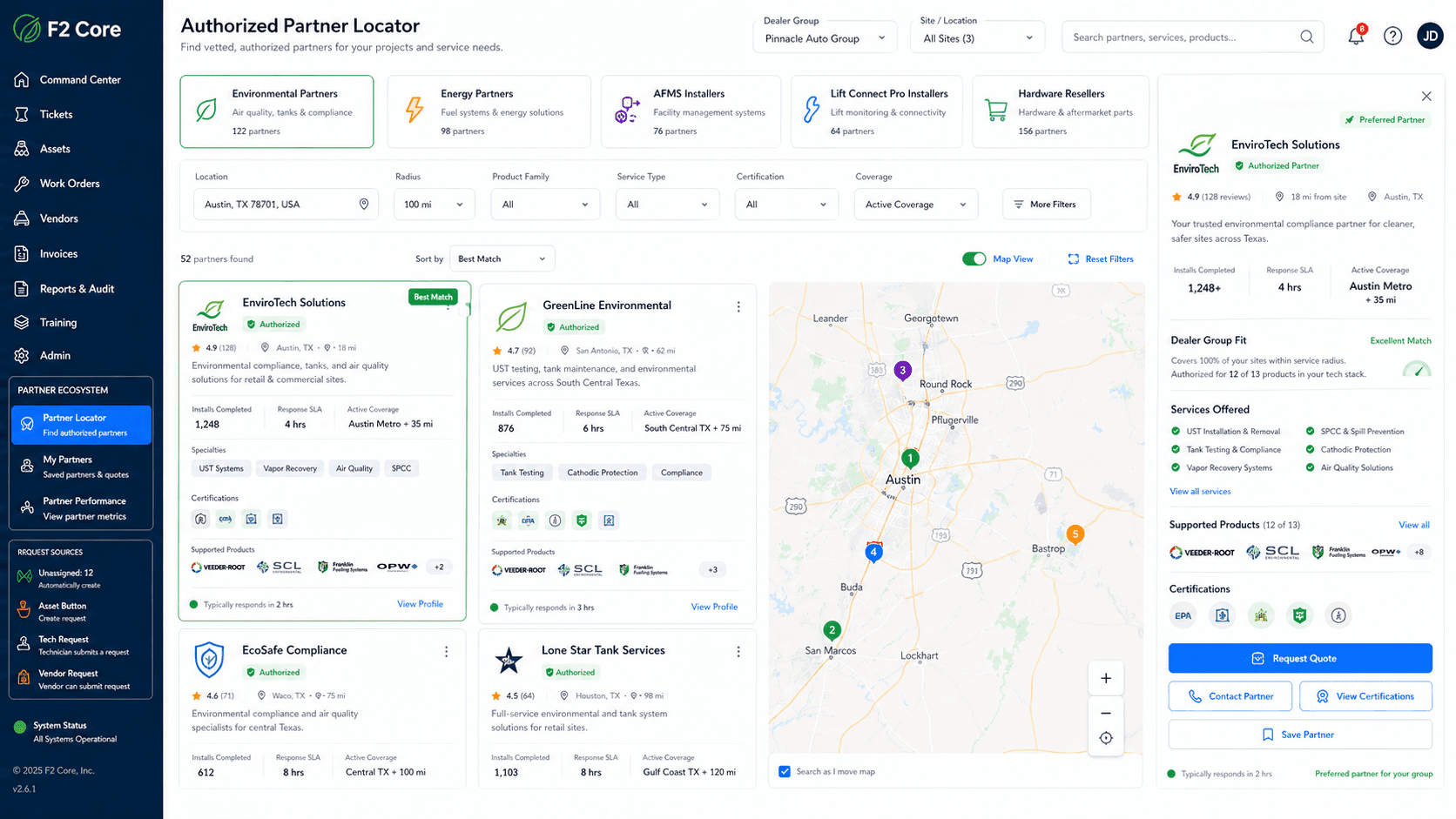 Authorized partner locator dashboard with map and partner profiles for dealership coverage.