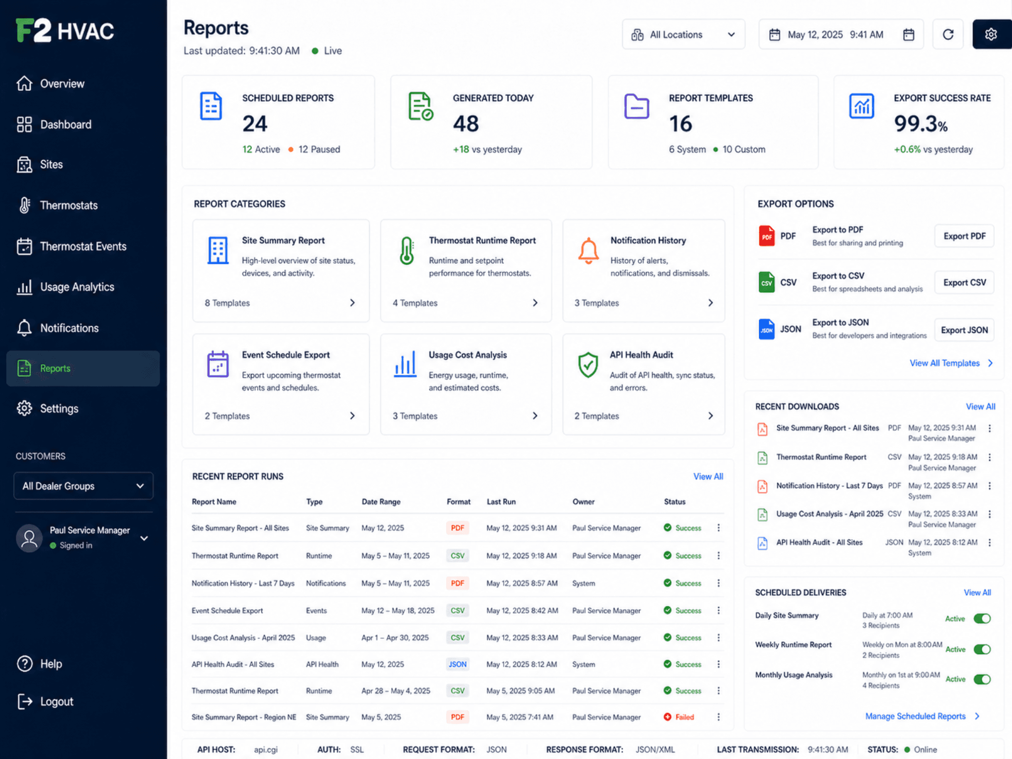 Pelican report suite showing scheduled reports, templates, export options, and recent downloads for HVAC operations.