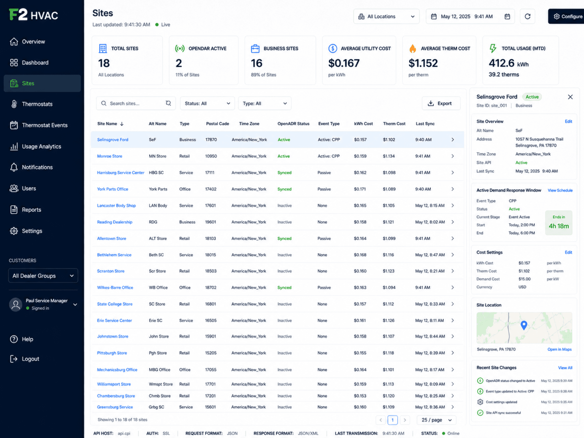 Pelican sites dashboard showing site status, OpenADR demand response state, device counts, utility cost settings, and active issues by location.